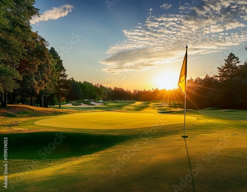 Lush green fairway with a flag at golden hour, surrounded by trees and a glowing sky, capturing the beauty of golf at sunset