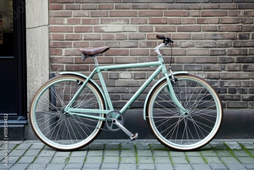 A stylish bicycle against an urban backdrop, symbolizing eco-friendly commuting and modern lifestyle, Urban commuting scene photo