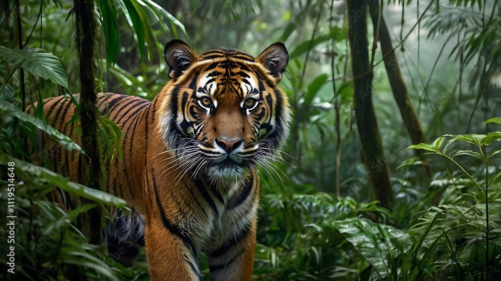 Fototapeta premium Sumatran Tiger crouching in a misty jungle, piercing eyes focused, surrounded by lush greenery and towering trees, generative ai