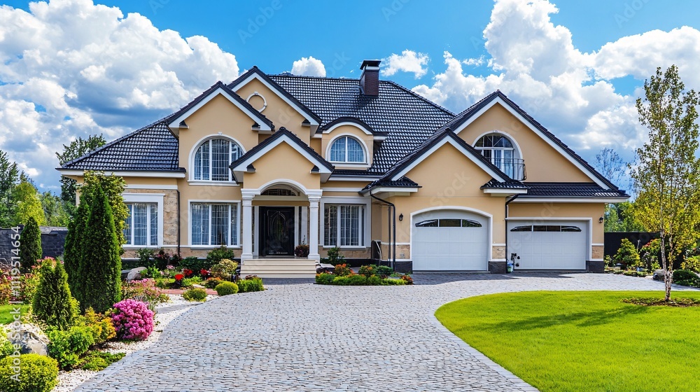 Beautiful new big custom built luxury home and landscaped yard in sunny day Beautiful new big custom built luxury home and landscaped yard in sunny day