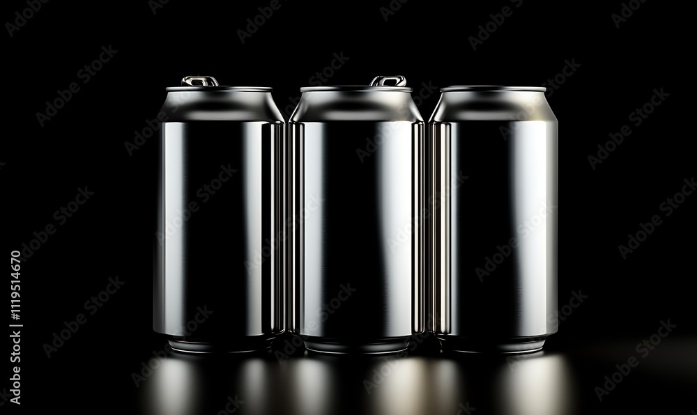 Three aluminum cans on a reflective dark surface. Packaging concept, Generative Ai Three aluminum cans on a reflective dark surface. Packaging concept, Generative Ai