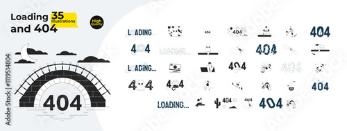 Loading and 404 error outline illustrations mega bundle. Thread ball cat, cute ghost, abstract 2D linear images isolated. Diverse people leisure lifestyle collection black and white vector drawings