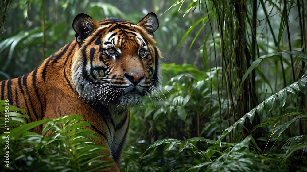 Fototapeta premium Sumatran Tiger crouching in a misty jungle, piercing eyes focused, surrounded by lush greenery and towering trees, generative ai