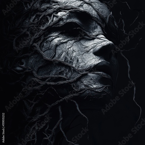 Dark Monochrome Portrait Of Woman Embraced By Vines