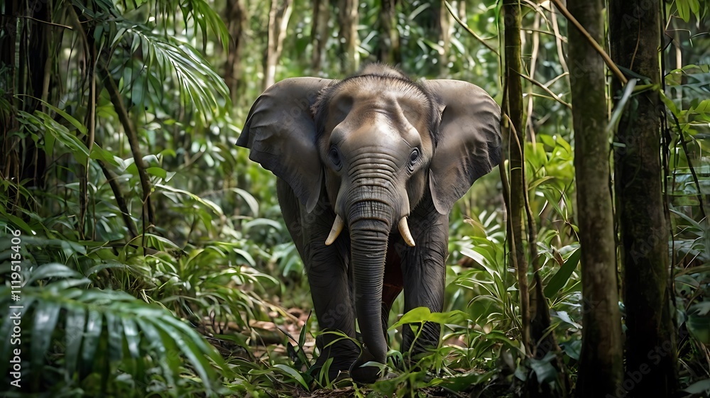 Fototapeta premium Pygmy Elephant in Borneo's rainforest, surrounded by tall trees and dense vegetation, highlighting its natural habitat. generative ai