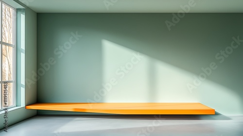 Modern minimalist interior designbright orange shelf in a soft green room photo