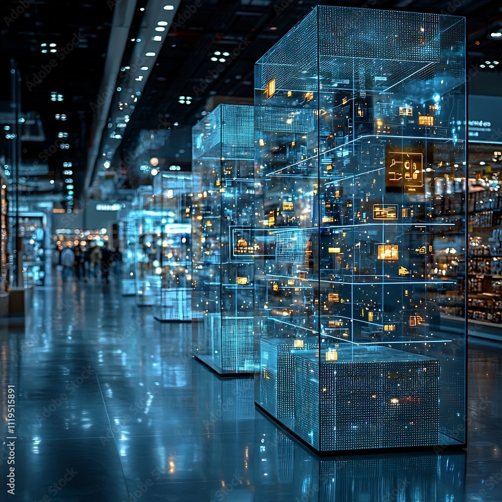 Fototapeta premium Futuristic Trade Show Exhibits Innovative Holographic Product Concepts and Sustainability Tech