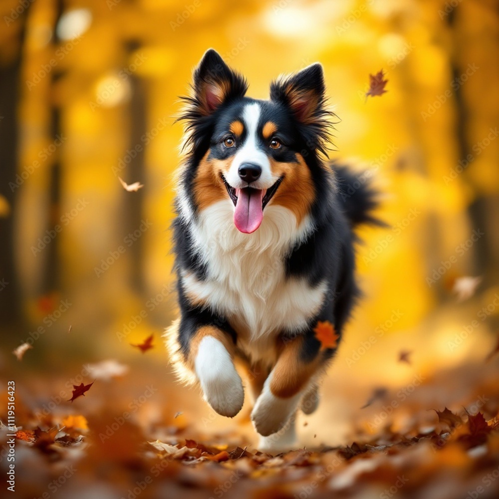 A vibrant Australian Shepherd running joyfully in a golden autumn forest. Its tri-colored fur of black, white, and reddish-brown shines under the dappled sunlight filtering through colorful leaves. A vibrant Australian Shepherd running joyfully in a golden autumn forest. Its tri-colored fur of black, white, and reddish-brown shines under the dappled sunlight filtering through colorful leaves.