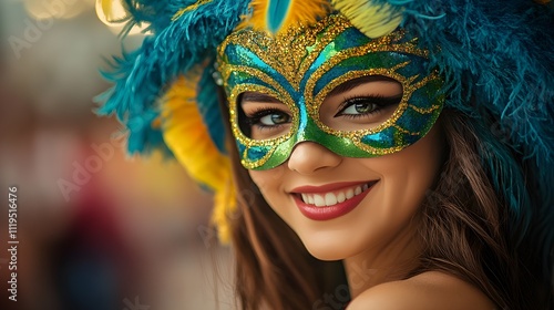 Smiling woman wearing a vibrant feathered masquerade mask.