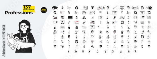 Jobs professions outline illustrations mega bundle. Labour work. Workplace diversity 2D linear images isolated. Videoconference, deadline, laptop employees collection black and white vector drawings