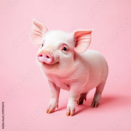 Adorable Piglet Posing on Pink Background with Playful Expression