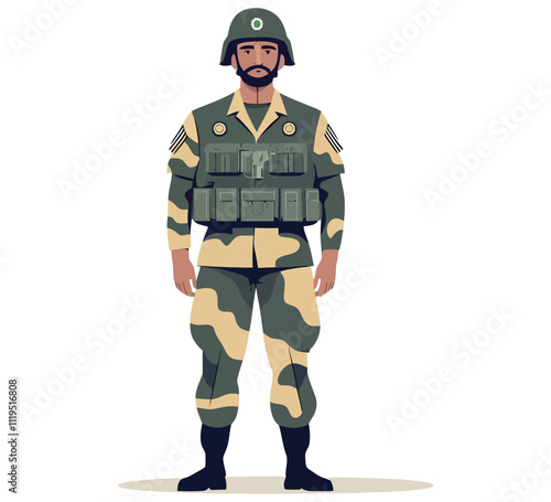 Brave Indian Soldier in Tactical Gear and Camouflage Suit Flat Illustration