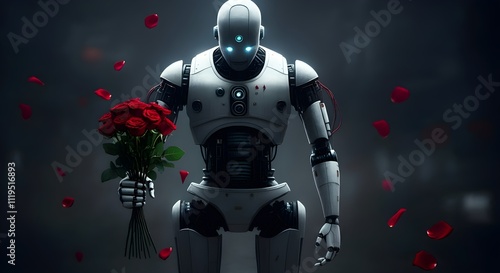 robot holding boutique of red roses against blur background, futuristic robot stabding photo