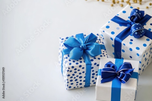 Three beautifully wrapped gifts in blue and white- perfect for a Hanukkah celebration. Each present is adorned with ribbons and polka dot patterns- creating a festive and joyful atmosphere photo