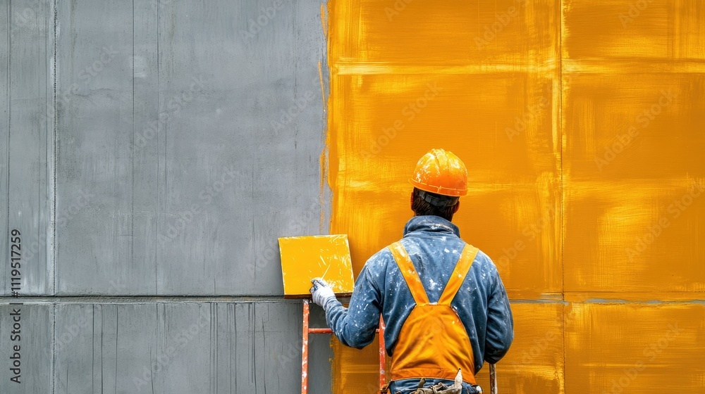 Artistic view of a painter on a new building site, emphasizing skill and precision in applying fresh paint to smooth concrete walls. Artistic view of a painter on a new building site, emphasizing skill and precision in applying fresh paint to smooth concrete walls.