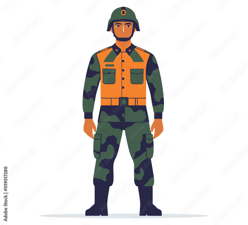 Indian Soldier in Vibrant Orange-Green Attire Flat Vector Design for Defense Themes Indian Soldier in Vibrant Orange-Green Attire Flat Vector Design for Defense Themes