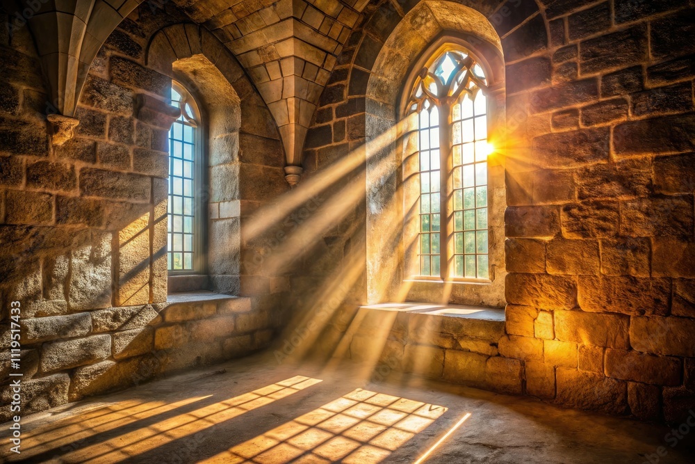 Fototapeta premium Medieval Sunbeams: Dust Motes in Ancient Stone Chapel - High Depth of Field Photography