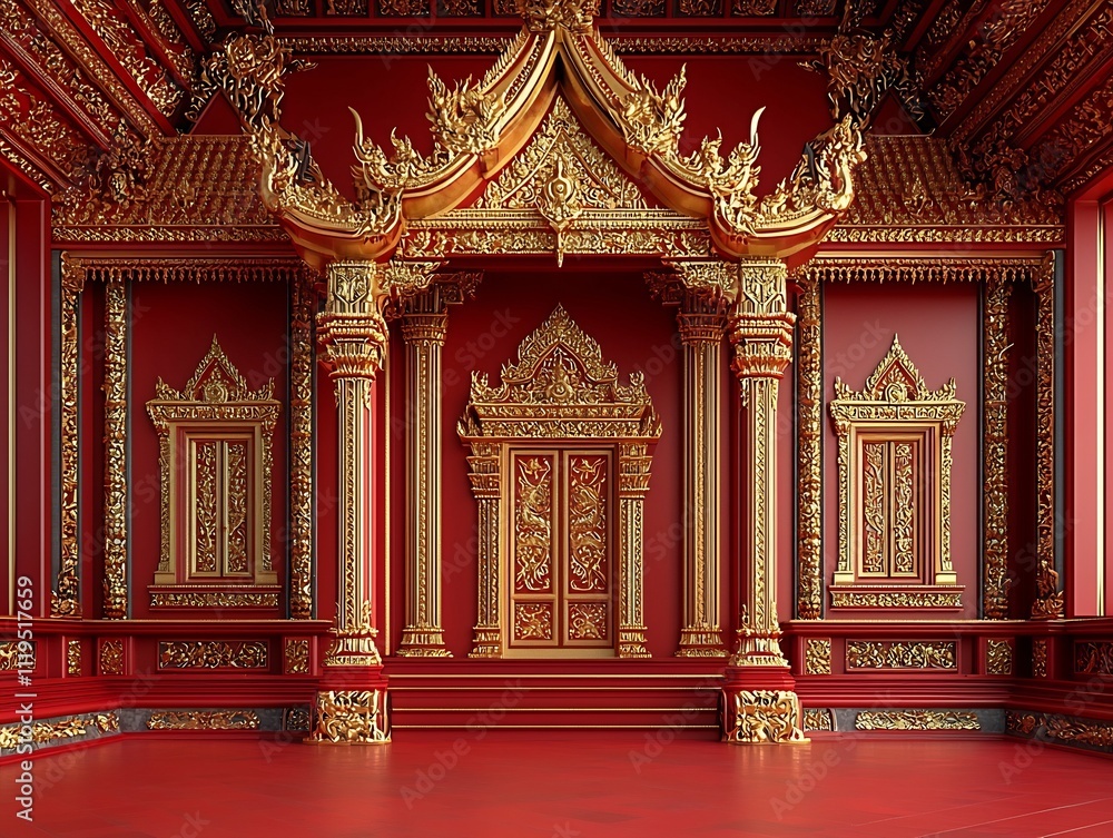 Ornate Thai Temple Patterns in Rich Red and Gold Backdrop for Ceremonial and Cultural Themes Ornate Thai Temple Patterns in Rich Red and Gold Backdrop for Ceremonial and Cultural Themes