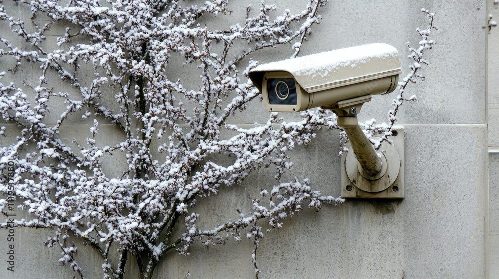 Close-up of a modern CCTV camera mounted on a building wall, symbolizing advanced security technology with a sleek design Close-up of a modern CCTV camera mounted on a building wall, symbolizing advanced security technology with a sleek design
