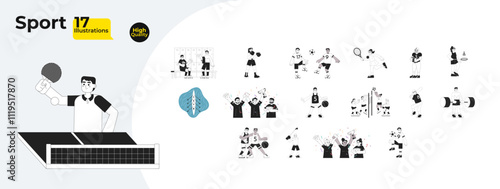 Competitive sport playing outline illustrations mega bundle. Boxing, soccer, tennis, badminton, baseball, basketball 2D linear images isolated. Athletes collection black and white vector drawings
