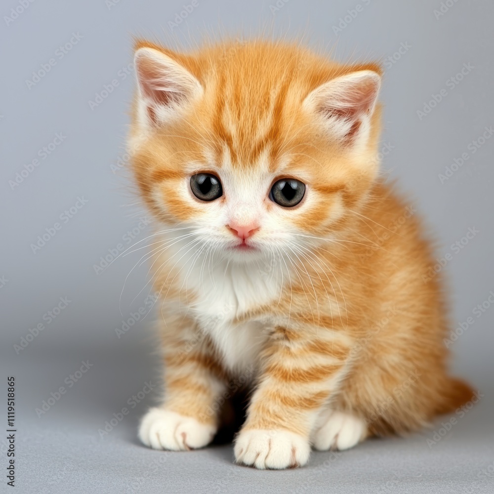 Adorable fluffy orange kitten with expressive big eyes sitting Adorable fluffy orange kitten with expressive big eyes sitting