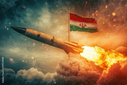 ICBM ballistic missile being launched, Iran flag in foreground. Iranian weapons of mass destruction concept