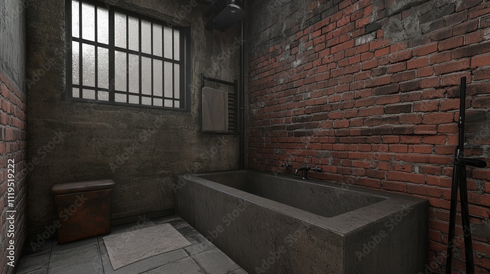 Industrial Style Bathroom With Concrete Tub and Brick Walls Industrial Style Bathroom With Concrete Tub and Brick Walls