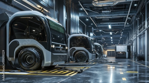 Electric garbage vehicles at an indoor charging bay, showcasing sleek design and renewable energy in action for modern waste services