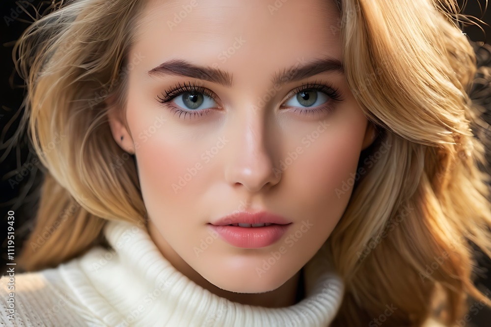 beautiful white girl wearing sweater with blurred background, generative ai