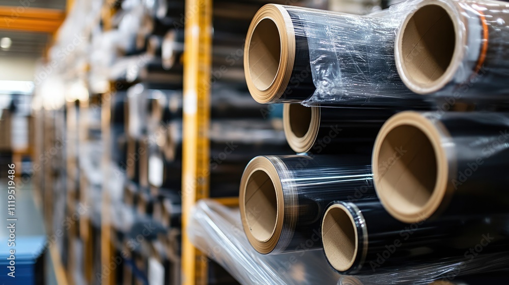 Film rolls ready for production, stacked in an organized manner in a warehouse, emphasizing the logistics of packaging manufacturing. Film rolls ready for production, stacked in an organized manner in a warehouse, emphasizing the logistics of packaging manufacturing.
