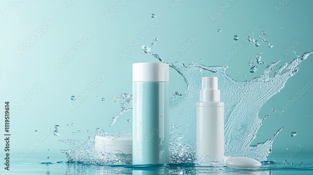 Cosmetic bottles surrounded by splashing water on turquoise background Cosmetic bottles surrounded by splashing water on turquoise background
