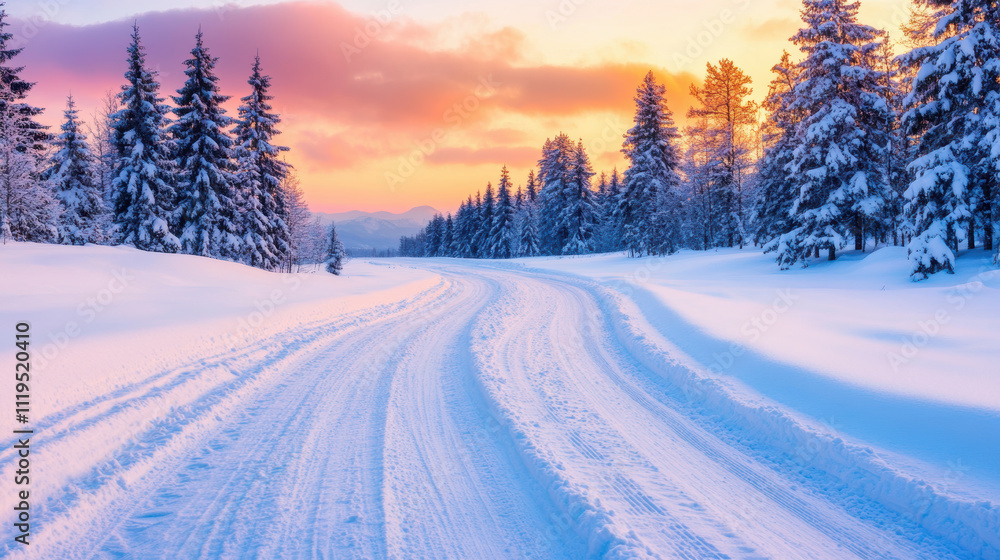 Snow covered winter road winding through a forest with a colorful sunset Snow covered winter road winding through a forest with a colorful sunset