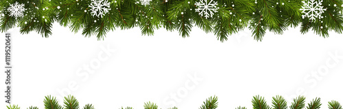 christmas fir branches border with snowflakes on white background
