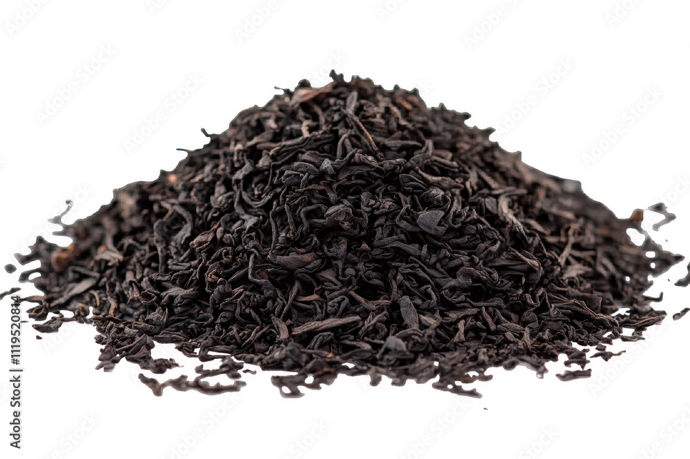 Pile of dried black tea leaves forming a small mound on transparent background Pile of dried black tea leaves forming a small mound on transparent background