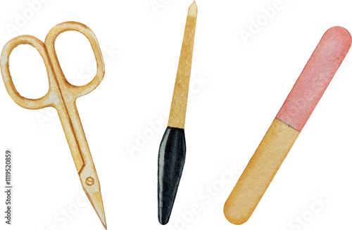 Vector manicure accessories. Scissors and nail files. Watercolor drawing. White background.For your design