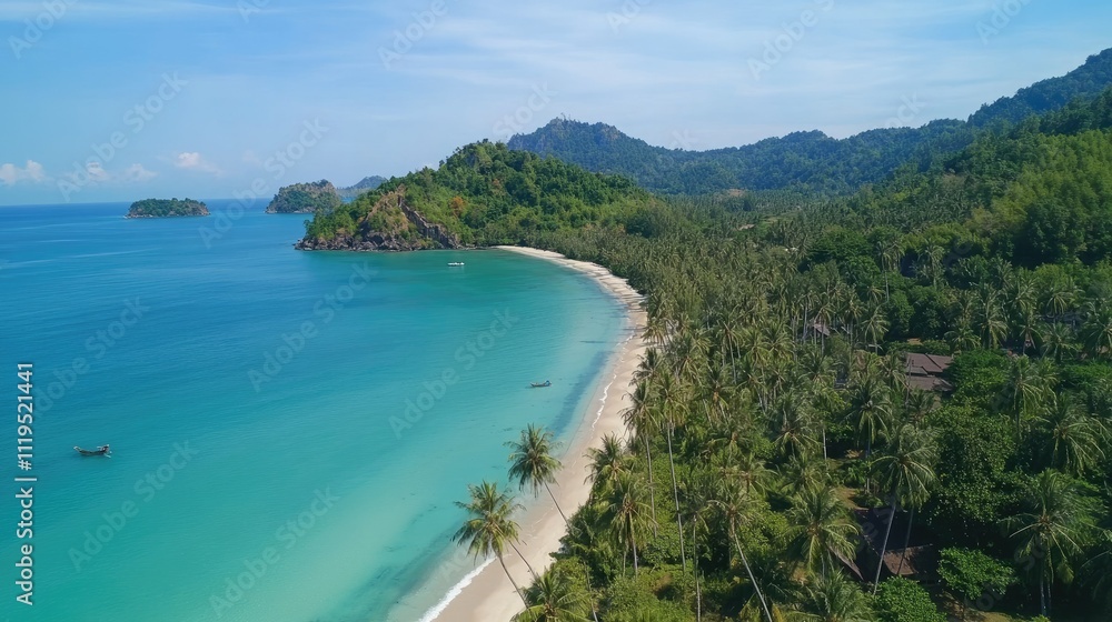 Scenic landscape of Thailand famous tropical beaches, with palm trees swaying against the vibrant turquoise sea and azure sky Scenic landscape of Thailand famous tropical beaches, with palm trees swaying against the vibrant turquoise sea and azure sky
