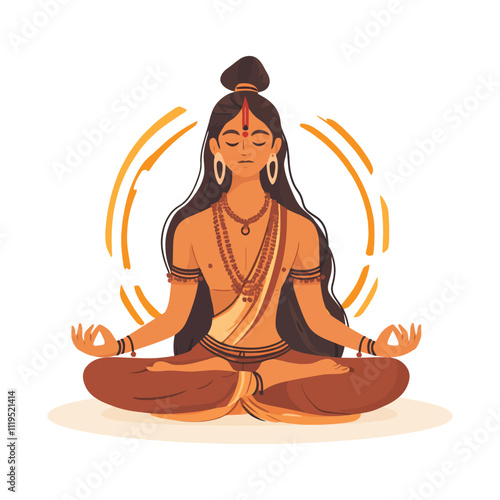 Calm Yogi Meditating in Lotus Pose - Flat Vector Illustration of Spiritual Serenity
