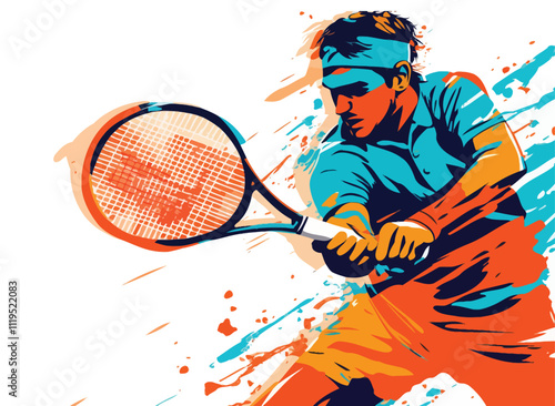 Skilled Tennis Player in Motion - Flat Vector Illustration of a Powerful Shot