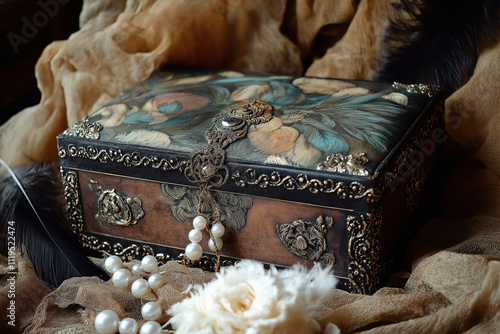 Exquisite vintage jewelry box with ornate details and pearls for elegant keepsake storage photo