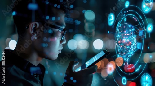 Artificial Intelligence and mobile technology concept. Man using AI Phone for Generative Edit, Live Translate, Circle to Search, Chatbot assistant conversation. generative AI. innovation. smartphone