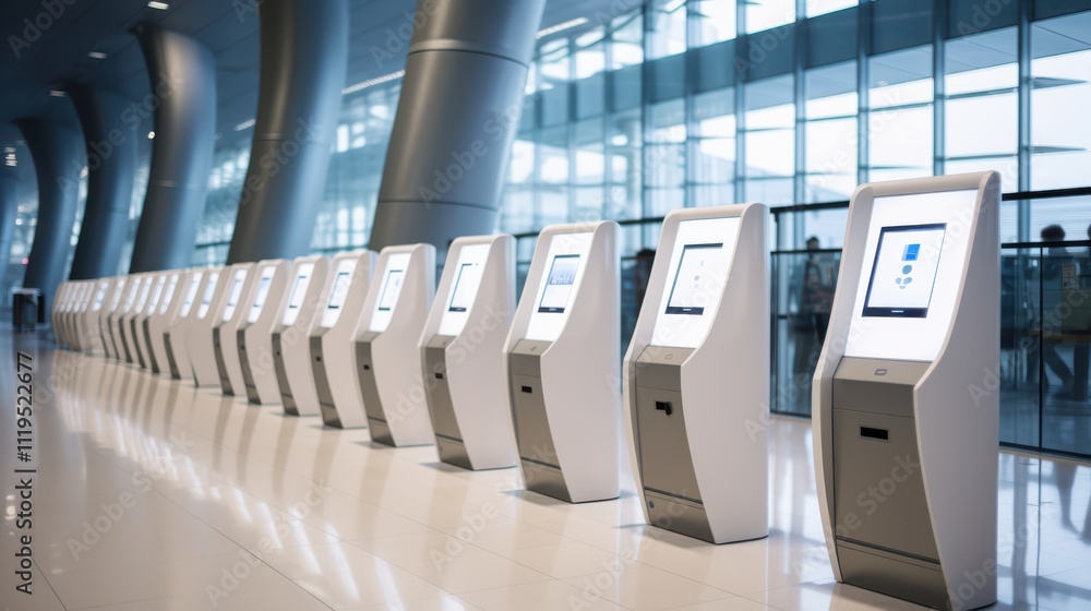 Fototapeta premium Sleek white self-service kiosks align in an airport, symbolizing efficiency and modern travel convenience against a shiny, futuristic backdrop.