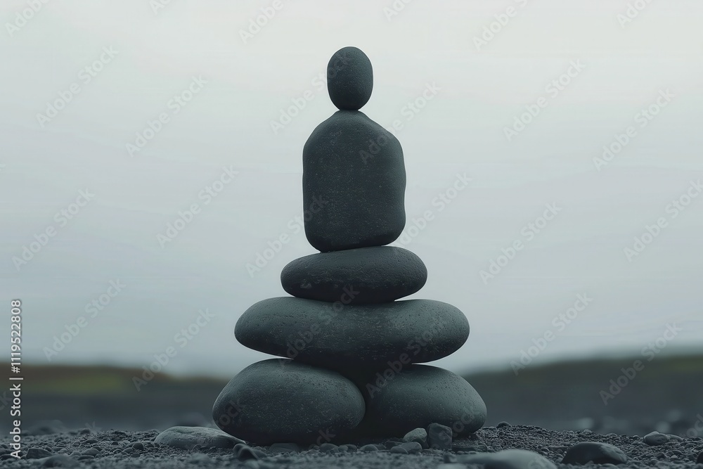 Balanced human shape made from stacked rocks. Concept of mental wellness, meditation and mindfulness.