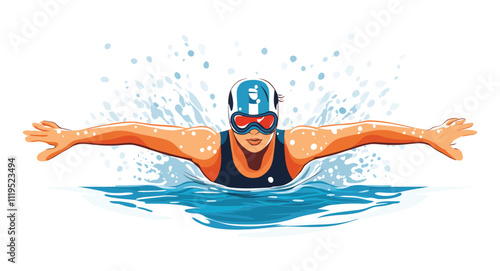 Swimmer Performing Butterfly Stroke - Flat Vector Illustration of Competitive Swimming