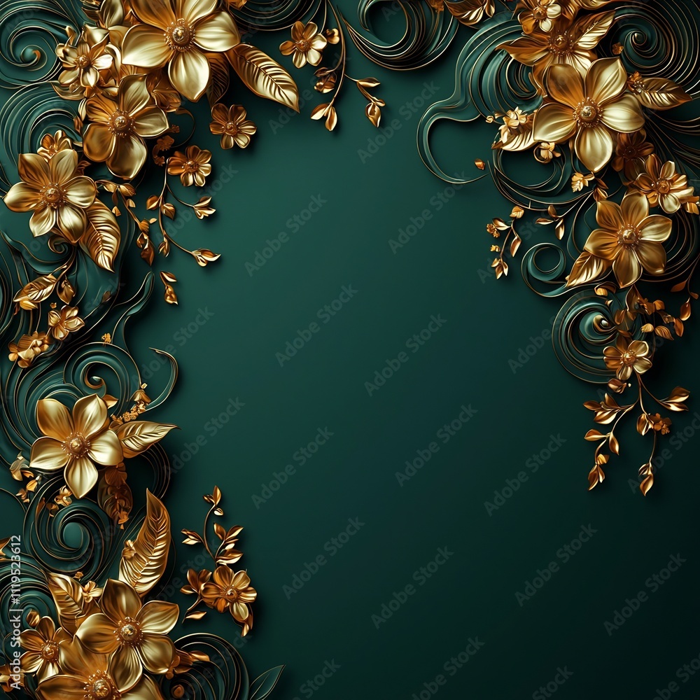 Elegant Golden Thai Floral Patterns on Deep Emerald Green Background for High End Event Designs Elegant Golden Thai Floral Patterns on Deep Emerald Green Background for High End Event Designs
