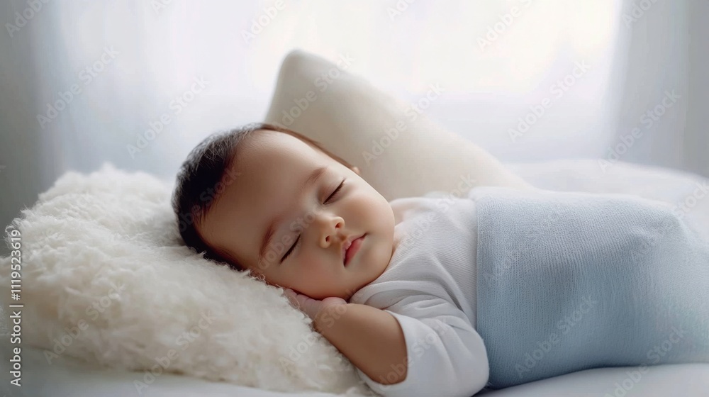 Newborn Baby Resting Peacefully on Fluffy Cushion Newborn Baby Resting Peacefully on Fluffy Cushion