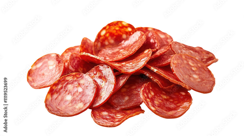 Freshly sliced pepperoni transparent background culinary delight isolated food Freshly sliced pepperoni transparent background culinary delight isolated food