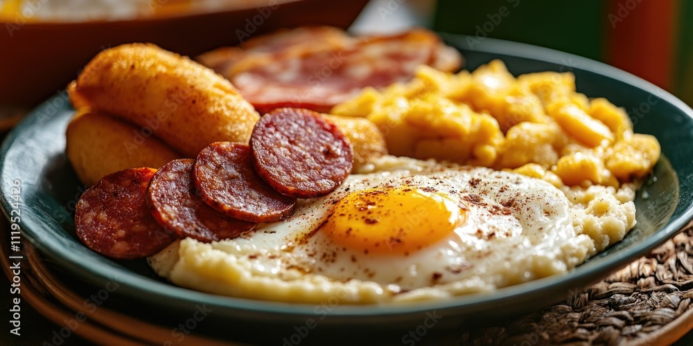 A Hearty Breakfast Plate with Fried Eggs, Sausage Links and Cheesy Grits A Hearty Breakfast Plate with Fried Eggs, Sausage Links and Cheesy Grits