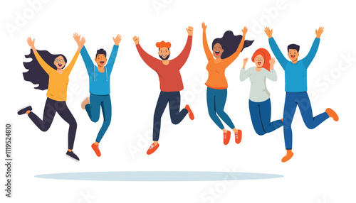 Group of Friends Jumping with Joy - Flat Vector Illustration of Happiness and Fun