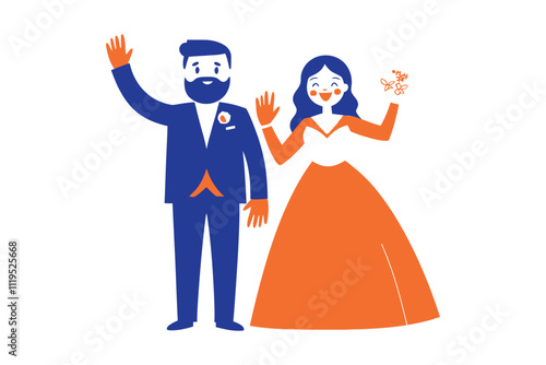 Smiling Bride and Groom Waving - Flat Vector Illustration of a Wedding Couple