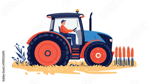 Modern Tractor in Side View - Flat Vector Design of Agricultural Equipment